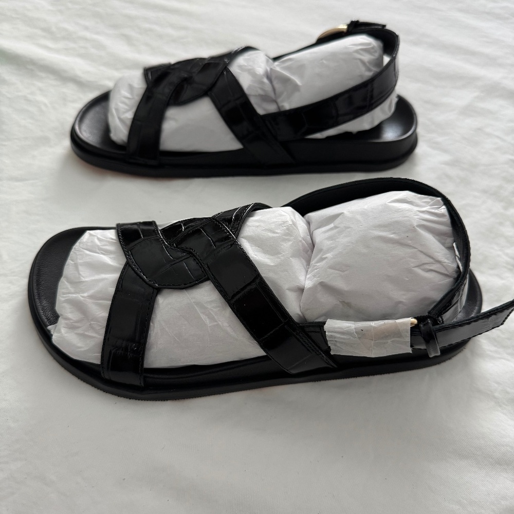 New J.Crew Colbie Cross-Strap Sandals in Italian Leather, Black, 7